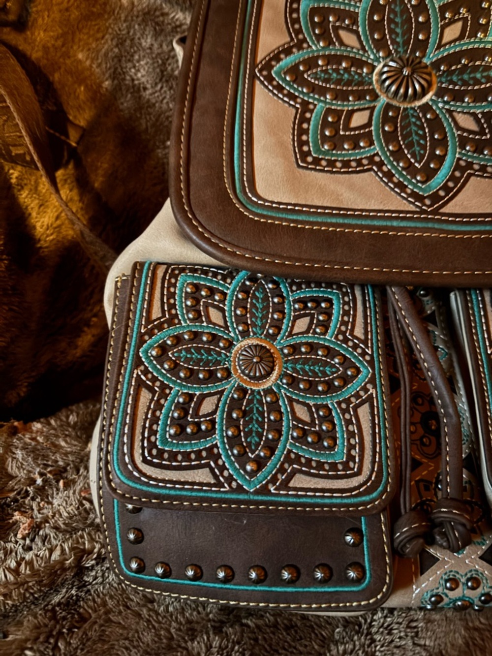 Montana West Teal & Brown Embroidered Floral Backpack - Picture 2 of 8